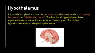 Hypothalamus
Hypothalamus gland is present in the brain. Hypothalamus produces ‘releasing
hormones’ and ‘inhibitory hormones’. The function of hypothalamus is to
regulate the secretions of hormones from pituitary gland. That is how,
hypothalamus controls the pituitary hormones.
 