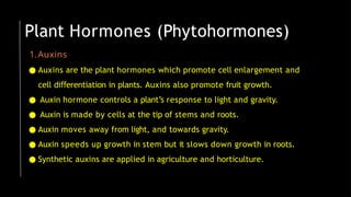 1.Auxins
● Auxins are the plant hormones which promote cell enlargement and
cell di erentiation
ﬀ in plants. Auxins also promote fruit growth.
● Auxin hormone controls a plant’s response to light and gravity.
● Auxin is made by cells at the tip of stems and roots.
● Auxin moves away from light, and towards gravity.
● Auxin speeds up growth in stem but it slows down growth in roots.
● Synthetic auxins are applied in agriculture and horticulture.
Plant Hormones (Phytohormones)
 