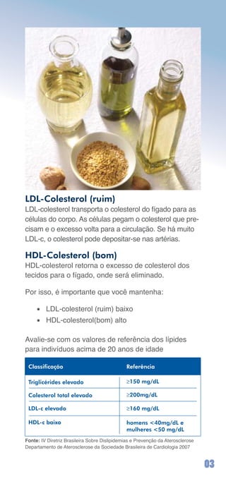 LDL-Colesterol (ruim)
LDL-colesterol	transporta	o	colesterol	do	fígado	para	as	
células	do	corpo.	As	células	pegam	o	colesterol	que	pre-
cisam	e	o	excesso	volta	para	a	circulação.	Se	há	muito	
LDL-c,	o	colesterol	pode	depositar-se	nas	artérias.

HDL-Colesterol (bom)
HDL-colesterol	retorna	o	excesso	de	colesterol	dos	
tecidos	para	o	fígado,	onde	será	eliminado.

Por	isso,	é	importante	que	você	mantenha:	

     •	 LDL-colesterol	(ruim)	baixo
     •	 HDL-colesterol(bom)	alto

Avalie-se	com	os	valores	de	referência	dos	lípides	
para	indivíduos	acima	de	20	anos	de	idade

 Classificação                                 Referência

 Triglicérides elevado                         ≥150 mg/dL

 Colesterol total elevado                      ≥200mg/dL

 LDL-c elevado                                 ≥160 mg/dL

 HDL-c baixo                                   homens 40mg/dL e
                                               mulheres 50 mg/dL
Fonte:	IV	Diretriz	Brasileira	Sobre	Dislipidemias	e	Prevenção	da	Aterosclerose	
Departamento	de	Aterosclerose	da	Sociedade	Brasileira	de	Cardiologia	2007


                                                                                  0
 