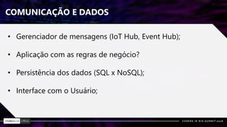 COMUNICAÇÃO E DADOS
• Gerenciador de mensagens (IoT Hub, Event Hub);
• Aplicação com as regras de negócio?
• Persistência dos dados (SQL x NoSQL);
• Interface com o Usuário;
 