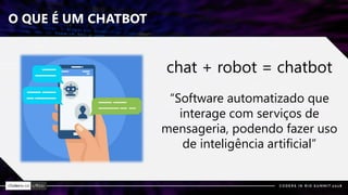 O QUE É UM CHATBOT
chat + robot = chatbot
“Software automatizado que
interage com serviços de
mensageria, podendo fazer uso
de inteligência artificial”
 