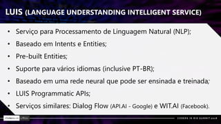 LUIS (LANGUAGE UNDERSTANDING INTELLIGENT SERVICE)
• Serviço para Processamento de Linguagem Natural (NLP);
• Baseado em Intents e Entities;
• Pre-built Entities;
• Suporte para vários idiomas (inclusive PT-BR);
• Baseado em uma rede neural que pode ser ensinada e treinada;
• LUIS Programmatic APIs;
• Serviços similares: Dialog Flow (API.AI - Google) e WIT.AI (Facebook).
 
