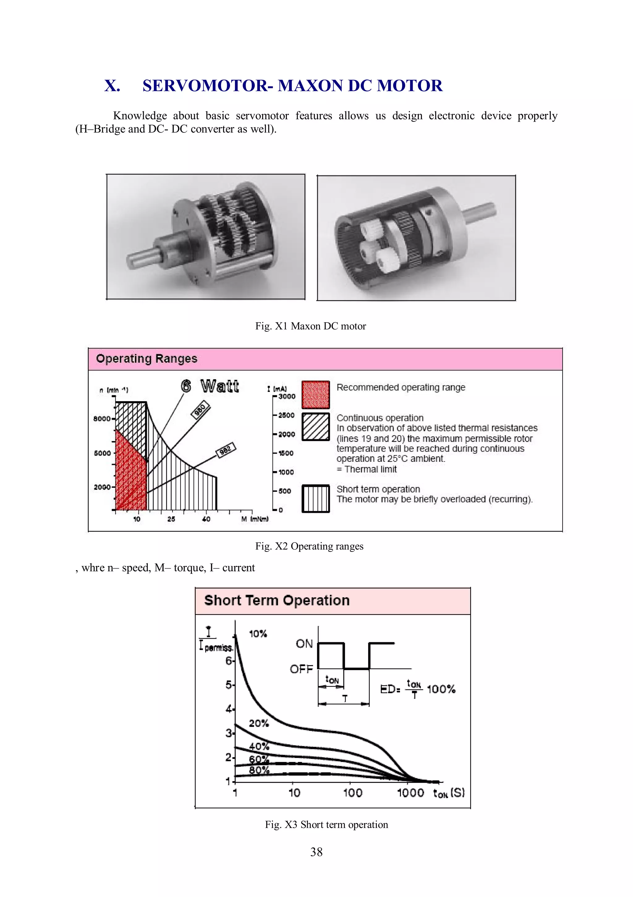 X.      SERVOMOTOR- MAXON DC MOTOR
       Knowledge about basic servomotor features allows us design electronic device properly
(H–Bridge and DC- DC converter as well).




                                         Fig. X1 Maxon DC motor




                                         Fig. X2 Operating ranges

, whre n– speed, M– torque, I– current




                                           Fig. X3 Short term operation

                                                     38
 