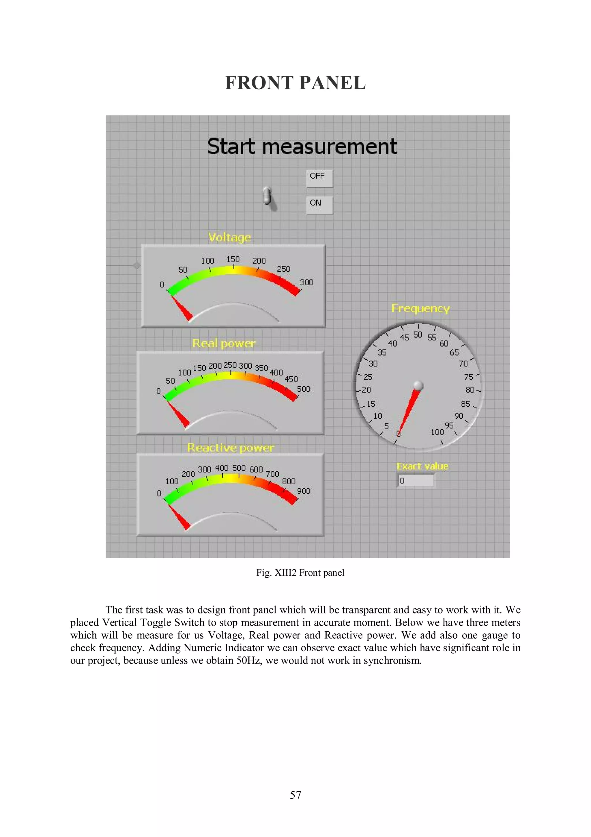 FRONT PANEL




                                          Fig. XIII2 Front panel


        The first task was to design front panel which will be transparent and easy to work with it. We
placed Vertical Toggle Switch to stop measurement in accurate moment. Below we have three meters
which will be measure for us Voltage, Real power and Reactive power. We add also one gauge to
check frequency. Adding Numeric Indicator we can observe exact value which have significant role in
our project, because unless we obtain 50Hz, we would not work in synchronism.




                                                  57
 
