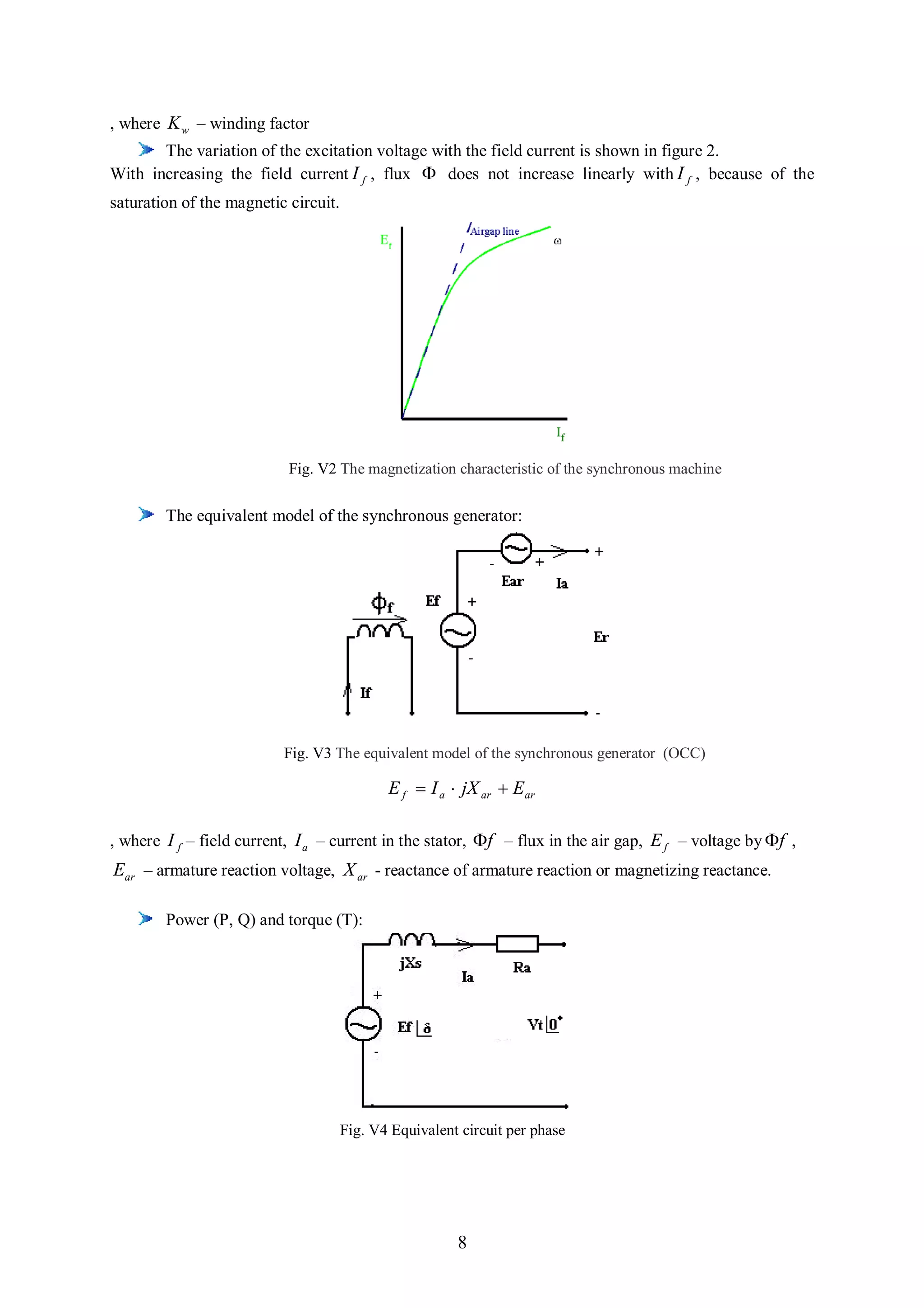 , where K w – winding factor
       The variation of the excitation voltage with the field current is shown in figure 2.
With increasing the field current I f , flux  does not increase linearly with I f , because of the
saturation of the magnetic circuit.




                           Fig. V2 The magnetization characteristic of the synchronous machine


        The equivalent model of the synchronous generator:




                          Fig. V3 The equivalent model of the synchronous generator (OCC)

                                             E f  I a  jX ar  E ar

, where I f – field current, I a – current in the stator, f – flux in the air gap, E f – voltage by f ,
Ear – armature reaction voltage, X ar - reactance of armature reaction or magnetizing reactance.

        Power (P, Q) and torque (T):




                                      Fig. V4 Equivalent circuit per phase




                                                        8
 
