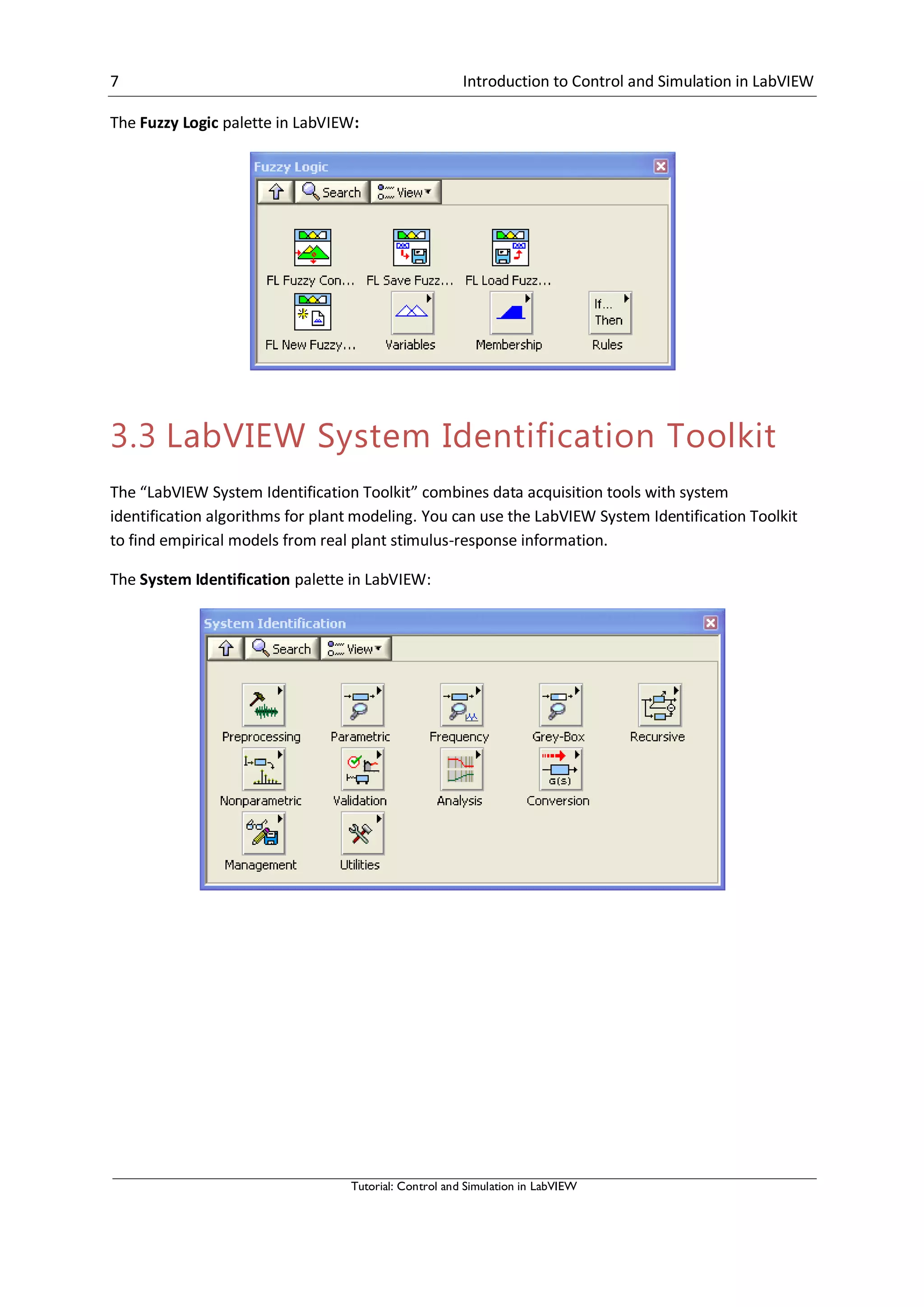 7 Introduction to Control and Simulation in LabVIEW
Tutorial: Control and Simulation in LabVIEW
The Fuzzy Logic palette in LabVIEW:
3.3 LabVIEW System Identification Toolkit
The “LabVIEW System Identification Toolkit” combines data acquisition tools with system
identification algorithms for plant modeling. You can use the LabVIEW System Identification Toolkit
to find empirical models from real plant stimulus-response information.
The System Identification palette in LabVIEW:
 