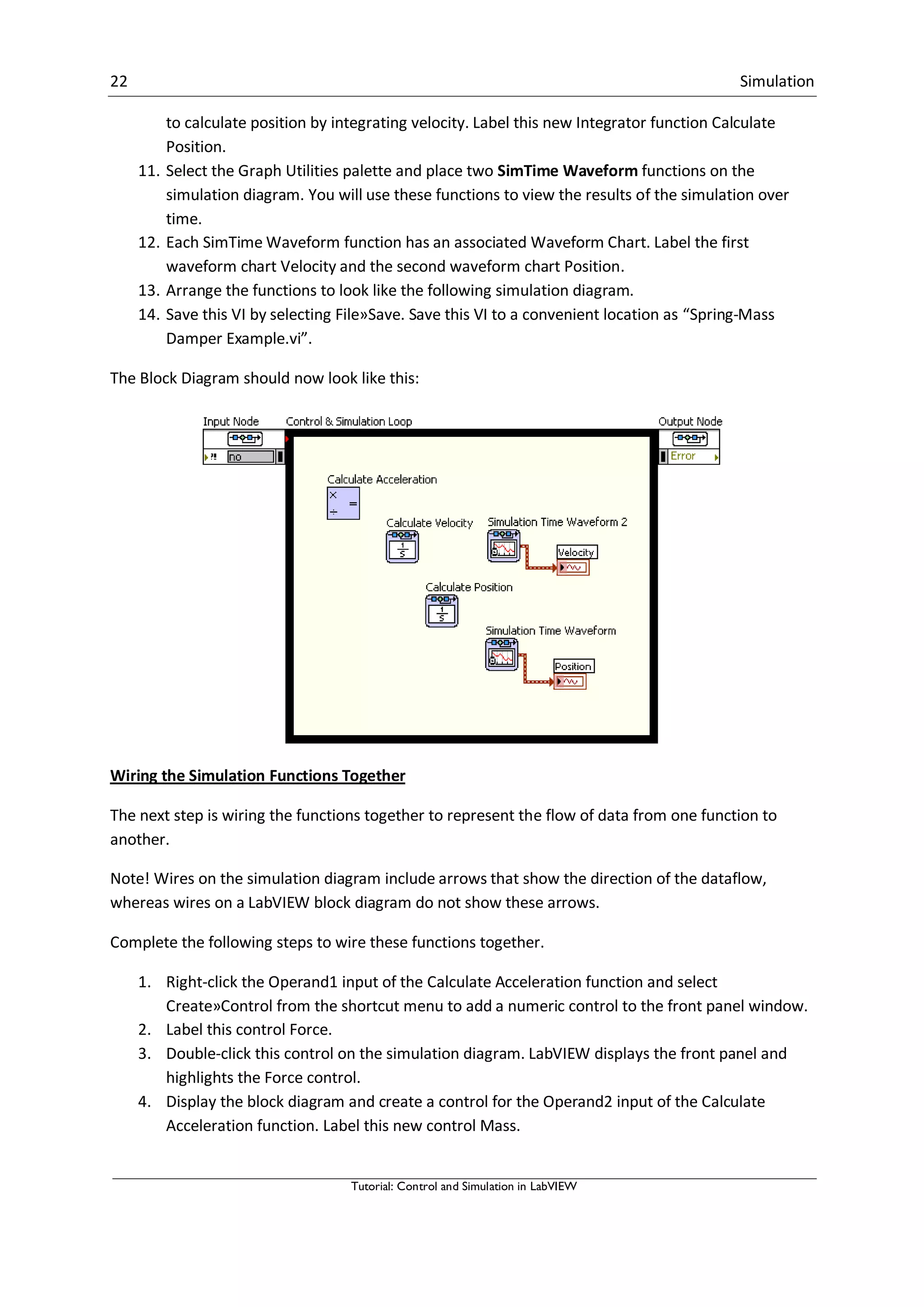 22 Simulation
Tutorial: Control and Simulation in LabVIEW
to calculate position by integrating velocity. Label this new Integrator function Calculate
Position.
11. Select the Graph Utilities palette and place two SimTime Waveform functions on the
simulation diagram. You will use these functions to view the results of the simulation over
time.
12. Each SimTime Waveform function has an associated Waveform Chart. Label the first
waveform chart Velocity and the second waveform chart Position.
13. Arrange the functions to look like the following simulation diagram.
14. Save this VI by selecting File»Save. Save this VI to a convenient location as “Spring-Mass
Damper Example.vi”.
The Block Diagram should now look like this:
Wiring the Simulation Functions Together
The next step is wiring the functions together to represent the flow of data from one function to
another.
Note! Wires on the simulation diagram include arrows that show the direction of the dataflow,
whereas wires on a LabVIEW block diagram do not show these arrows.
Complete the following steps to wire these functions together.
1. Right-click the Operand1 input of the Calculate Acceleration function and select
Create»Control from the shortcut menu to add a numeric control to the front panel window.
2. Label this control Force.
3. Double-click this control on the simulation diagram. LabVIEW displays the front panel and
highlights the Force control.
4. Display the block diagram and create a control for the Operand2 input of the Calculate
Acceleration function. Label this new control Mass.
 