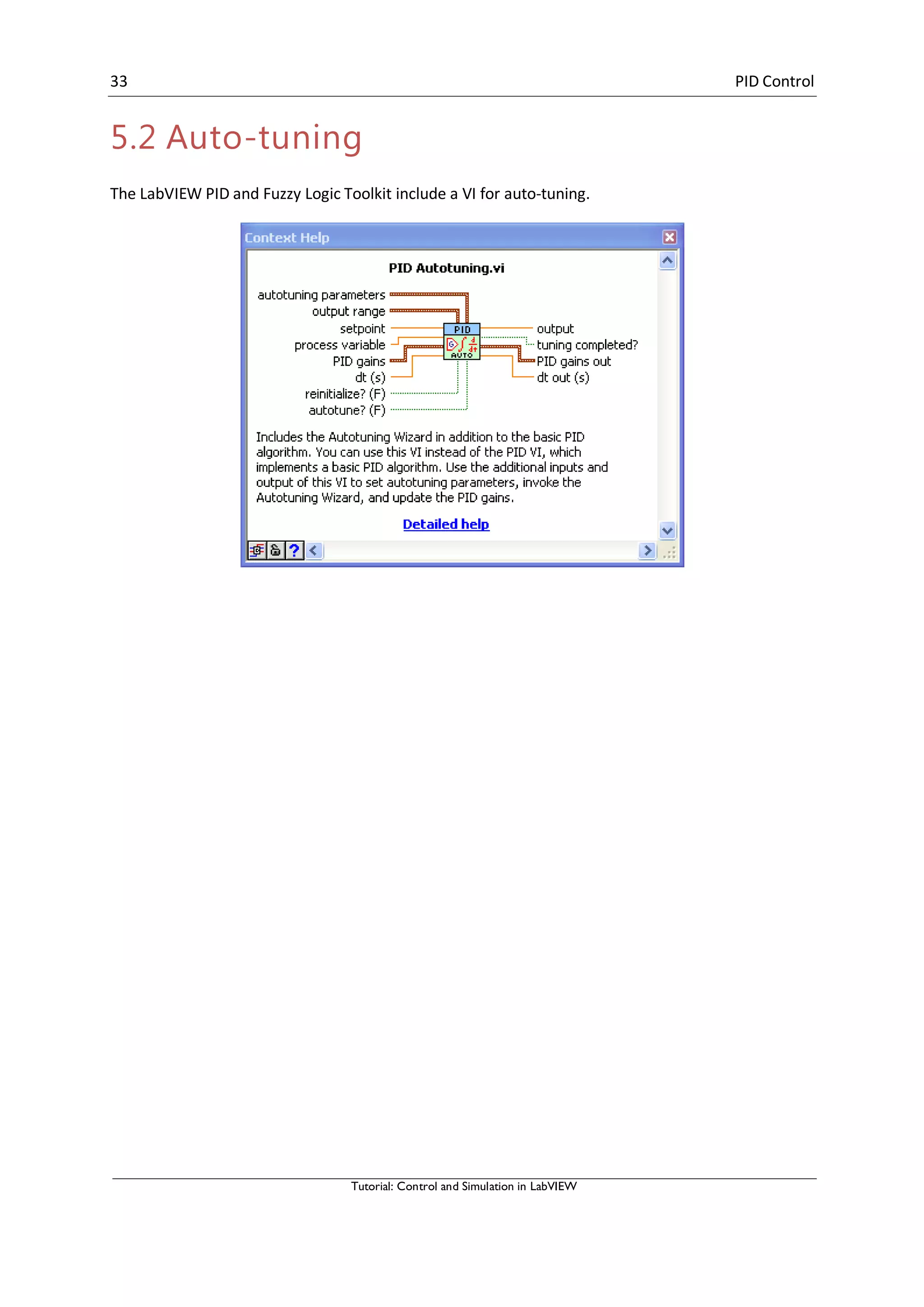 33 PID Control
Tutorial: Control and Simulation in LabVIEW
5.2 Auto-tuning
The LabVIEW PID and Fuzzy Logic Toolkit include a VI for auto-tuning.
 