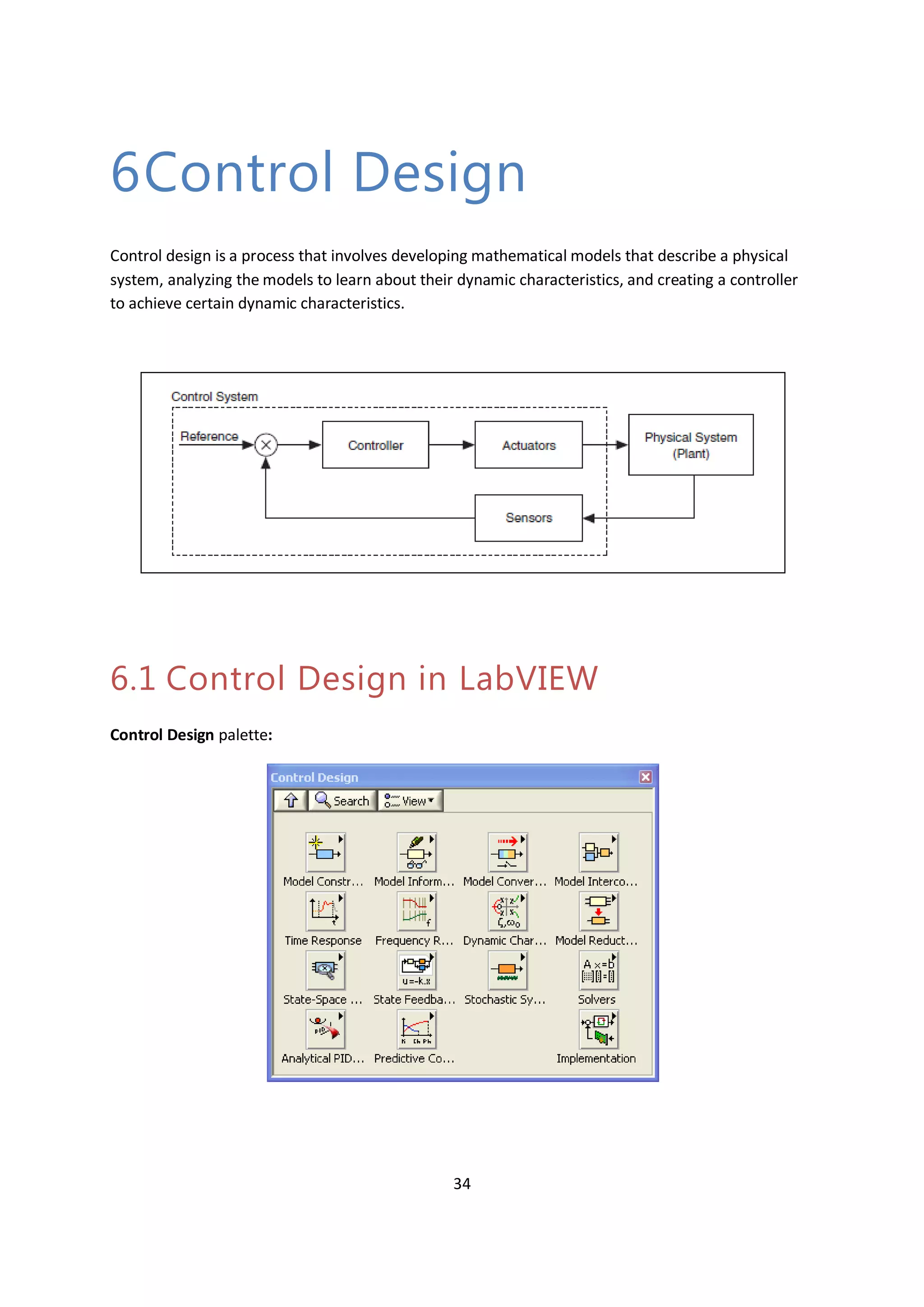 34
6Control Design
Control design is a process that involves developing mathematical models that describe a physical
system, analyzing the models to learn about their dynamic characteristics, and creating a controller
to achieve certain dynamic characteristics.
6.1 Control Design in LabVIEW
Control Design palette:
 