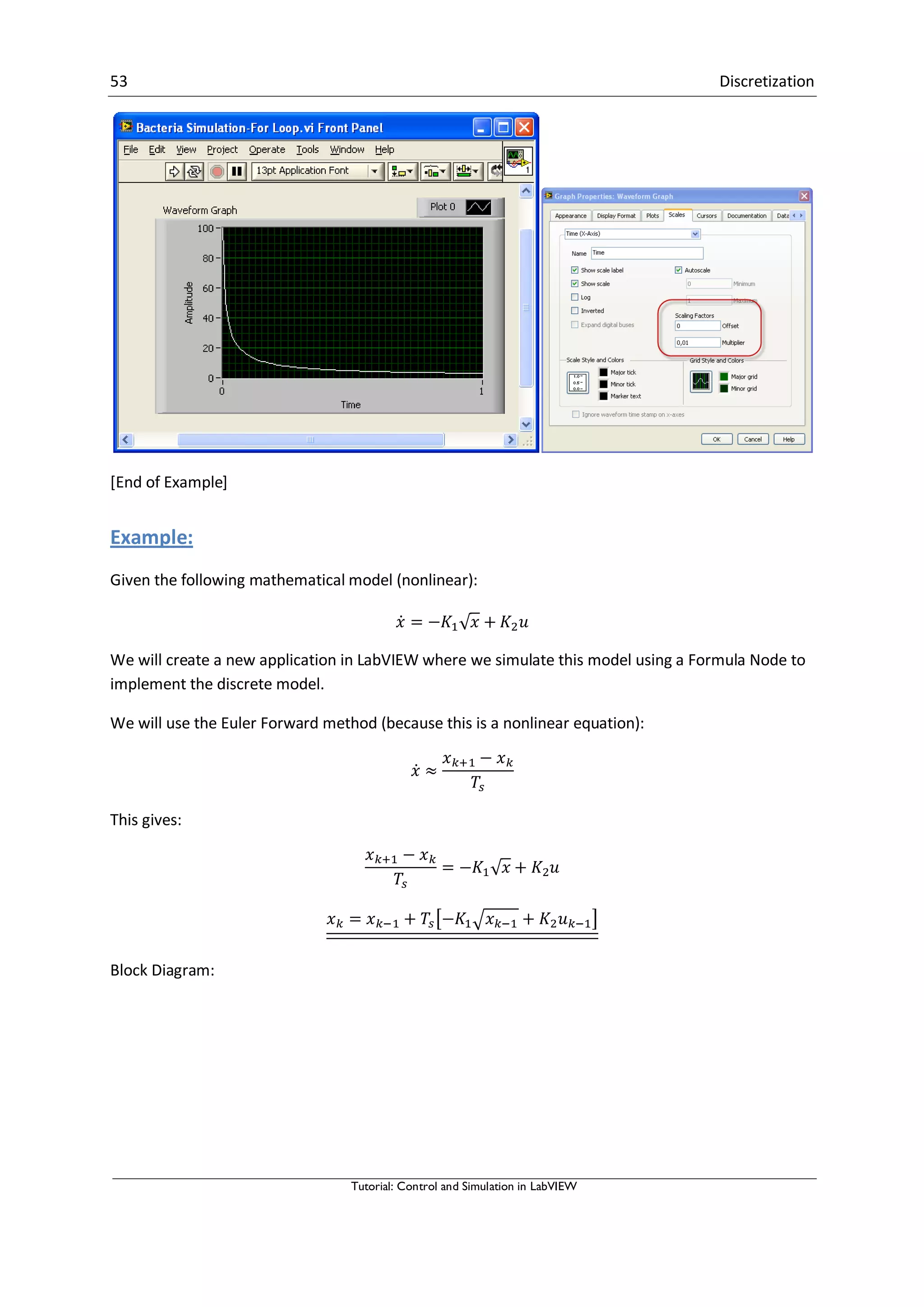 53 Discretization
Tutorial: Control and Simulation in LabVIEW
[End of Example]
Example:
Given the following mathematical model (nonlinear):
̇ √
We will create a new application in LabVIEW where we simulate this model using a Formula Node to
implement the discrete model.
We will use the Euler Forward method (because this is a nonlinear equation):
̇
This gives:
√
[ √ ]
Block Diagram:
 