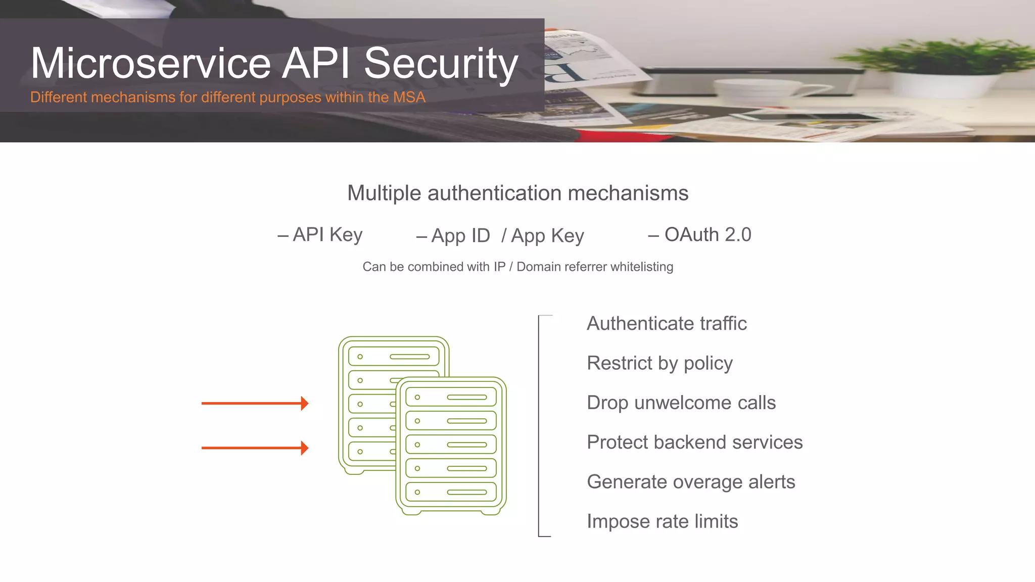 Microservice API Security
Different mechanisms for different purposes within the MSA
Multiple authentication mechanisms
Can be combined with IP / Domain referrer whitelisting
Authenticate traffic
Restrict by policy
Drop unwelcome calls
Protect backend services
Generate overage alerts
Impose rate limits
– API Key – App ID / App Key – OAuth 2.0
 