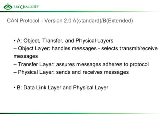 CAN Protocol - Version 2.0 A(standard)/B(Extended)
• A: Object, Transfer, and Physical Layers
– Object Layer: handles messages - selects transmit/receive
messages
– Transfer Layer: assures messages adheres to protocol
– Physical Layer: sends and receives messages
• B: Data Link Layer and Physical Layer
 