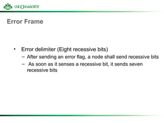 Error Frame
• Error delimiter (Eight recessive bits)
– After sending an error flag, a node shall send recessive bits
– As soon as it senses a recessive bit, it sends seven
recessive bits
 