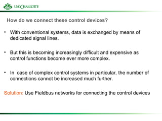 How do we connect these control devices?
• With conventional systems, data is exchanged by means of
dedicated signal lines.
• But this is becoming increasingly difficult and expensive as
control functions become ever more complex.
• In case of complex control systems in particular, the number of
connections cannot be increased much further.
Solution: Use Fieldbus networks for connecting the control devices
 