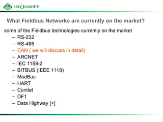 What Fieldbus Networks are currently on the market?
some of the Fieldbus technologies currently on the market
– RS-232
– RS-485
– CAN ( we will discuss in detail)
– ARCNET
– IEC 1158-2
– BITBUS (IEEE 1118)
– ModBus
– HART
– Conitel
– DF1
– Data Highway [+]
 