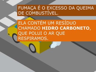 FUMAÇA É O EXCESSO DA QUEIMA DE COMBUSTÍVEL.ELA CONTÉM UM RESÍDUO CHAMADO HIDRO CARBONETO, QUE POLUI O AR QUE RESPIRAMOS.