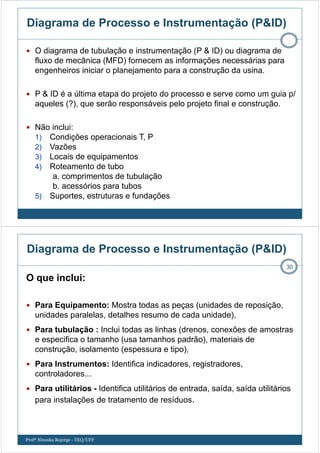Diagrama de Processo e Instrumentação (P&ID)
O diagrama de tubulação e instrumentação (P & ID) ou diagrama de
fluxo de mecânica (MFD) fornecem as informações necessárias para
engenheiros iniciar o planejamento para a construção da usina.
P & ID é a última etapa do projeto do processo e serve como um guia p/
aqueles (?), que serão responsáveis pelo projeto final e construção.
Não inclui:
1) Condições operacionais T, P
2) Vazões
3) Locais de equipamentos
4) Roteamento de tubo
a. comprimentos de tubulação
b. acessórios para tubos
5) Suportes, estruturas e fundações
O que inclui:
Para Equipamento: Mostra todas as peças (unidades de reposição,
unidades paralelas, detalhes resumo de cada unidade),
Para tubulação : Inclui todas as linhas (drenos, conexões de amostras
e especifica o tamanho (usa tamanhos padrão), materiais de
construção, isolamento (espessura e tipo),
Para Instrumentos: Identifica indicadores, registradores,
controladores...
Para utilitários - Identifica utilitários de entrada, saída, saída utilitários
para instalações de tratamento de resíduos.
Diagrama de Processo e Instrumentação (P&ID)
Profª Ninoska Bojorge - TEQ/UFF
30
 