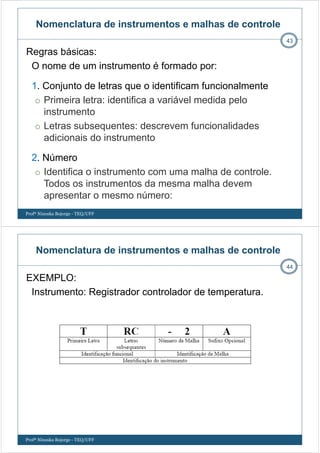 Nomenclatura de instrumentos e malhas de controle
Regras básicas:
O nome de um instrumento é formado por:
1. Conjunto de letras que o identificam funcionalmente
Primeira letra: identifica a variável medida pelo
instrumento
Letras subsequentes: descrevem funcionalidades
adicionais do instrumento
2. Número
Identifica o instrumento com uma malha de controle.
Todos os instrumentos da mesma malha devem
apresentar o mesmo número:
43
Profª Ninoska Bojorge - TEQ/UFF
EXEMPLO:
Instrumento: Registrador controlador de temperatura.
44
Nomenclatura de instrumentos e malhas de controle
Profª Ninoska Bojorge - TEQ/UFF
 