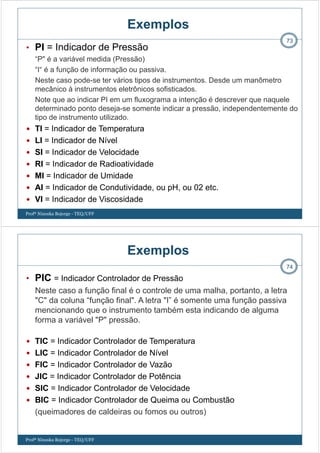 Exemplos
• PI = Indicador de Pressão
“P" é a variável medida (Pressão)
“I“ é a função de informação ou passiva.
Neste caso pode-se ter vários tipos de instrumentos. Desde um manômetro
mecânico à instrumentos eletrônicos sofisticados.
Note que ao indicar PI em um fluxograma a intenção é descrever que naquele
determinado ponto deseja-se somente indicar a pressão, independentemente do
tipo de instrumento utilizado.
TI = Indicador de Temperatura
LI = Indicador de Nível
SI = Indicador de Velocidade
RI = Indicador de Radioatividade
MI = Indicador de Umidade
AI = Indicador de Condutividade, ou pH, ou 02 etc.
VI = Indicador de Viscosidade
Profª Ninoska Bojorge - TEQ/UFF
73
Exemplos
• PIC = Indicador Controlador de Pressão
Neste caso a função final é o controle de uma malha, portanto, a letra
"C" da coluna “função final". A letra "I” é somente uma função passiva
mencionando que o instrumento também esta indicando de alguma
forma a variável "P" pressão.
TIC = Indicador Controlador de Temperatura
LIC = Indicador Controlador de Nível
FIC = Indicador Controlador de Vazão
JIC = Indicador Controlador de Potência
SIC = Indicador Controlador de Velocidade
BIC = Indicador Controlador de Queima ou Combustão
(queimadores de caldeiras ou fomos ou outros)
Profª Ninoska Bojorge - TEQ/UFF
74
 