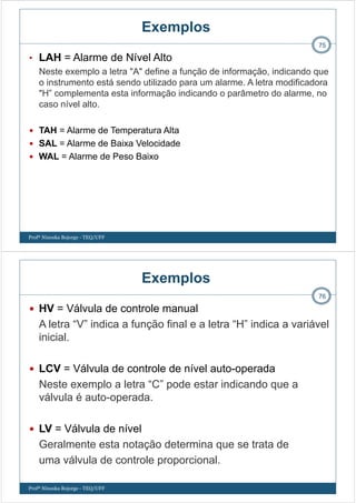 Exemplos
• LAH = Alarme de Nível Alto
Neste exemplo a letra "A" define a função de informação, indicando que
o instrumento está sendo utilizado para um alarme. A letra modificadora
"H” complementa esta informação indicando o parâmetro do alarme, no
caso nível alto.
TAH = Alarme de Temperatura Alta
SAL = Alarme de Baixa Velocidade
WAL = Alarme de Peso Baixo
Profª Ninoska Bojorge - TEQ/UFF
75
HV = Válvula de controle manual
A letra “V” indica a função final e a letra “H” indica a variável
inicial.
LCV = Válvula de controle de nível auto-operada
Neste exemplo a letra “C” pode estar indicando que a
válvula é auto-operada.
LV = Válvula de nível
Geralmente esta notação determina que se trata de
uma válvula de controle proporcional.
Profª Ninoska Bojorge - TEQ/UFF
76
Exemplos
 