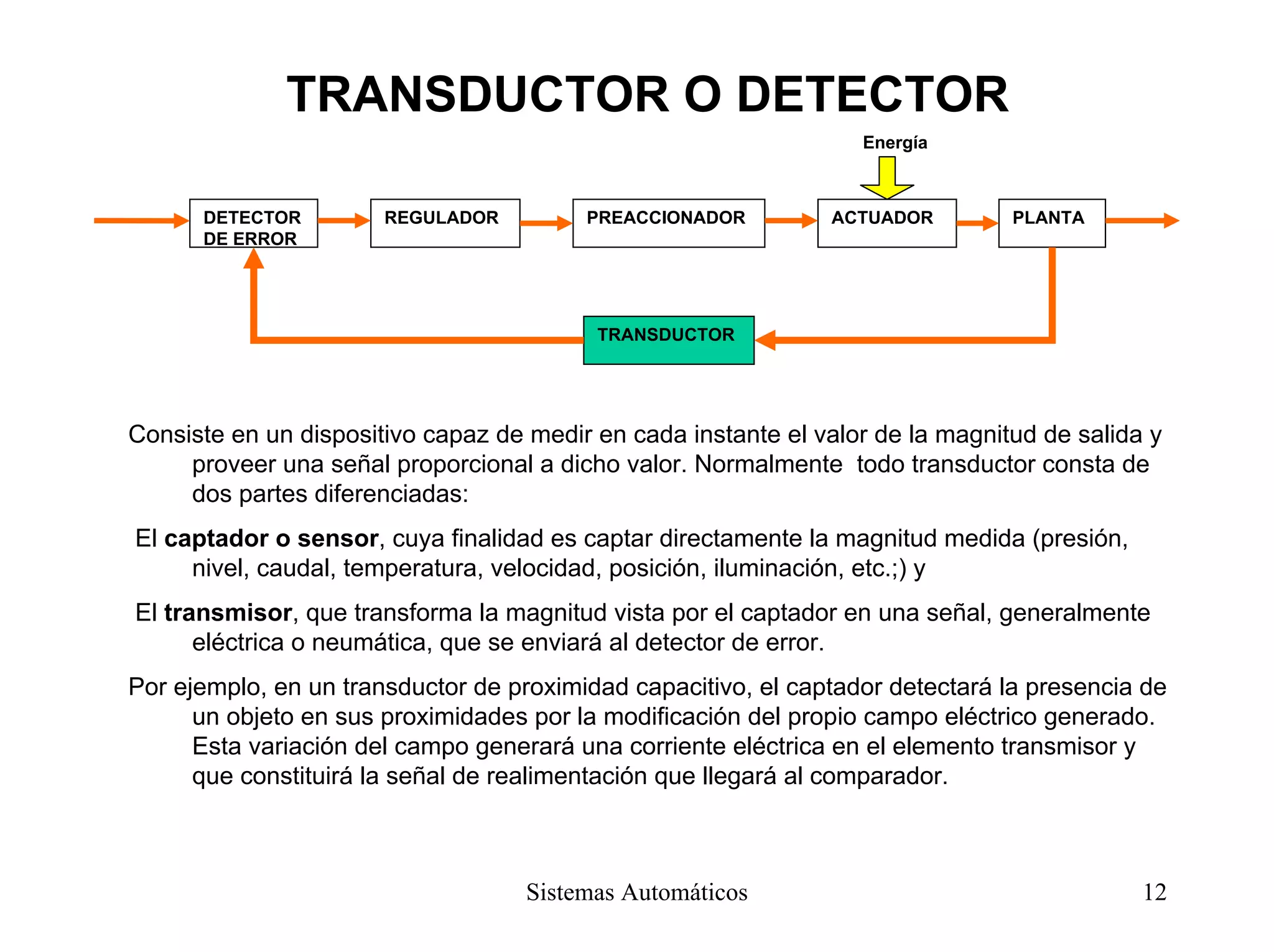 TRANSDUCTOR O DETECTOR
PREACCIONADOR ACTUADOR PLANTAREGULADORDETECTOR
DE ERROR
TRANSDUCTOR
Energía
Consiste en un dispositivo capaz de medir en cada instante el valor de la magnitud de salida y
proveer una señal proporcional a dicho valor. Normalmente todo transductor consta de
dos partes diferenciadas:
El captador o sensor, cuya finalidad es captar directamente la magnitud medida (presión,
nivel, caudal, temperatura, velocidad, posición, iluminación, etc.;) y
El transmisor, que transforma la magnitud vista por el captador en una señal, generalmente
eléctrica o neumática, que se enviará al detector de error.
Por ejemplo, en un transductor de proximidad capacitivo, el captador detectará la presencia de
un objeto en sus proximidades por la modificación del propio campo eléctrico generado.
Esta variación del campo generará una corriente eléctrica en el elemento transmisor y
que constituirá la señal de realimentación que llegará al comparador.
Sistemas Automáticos 12
 