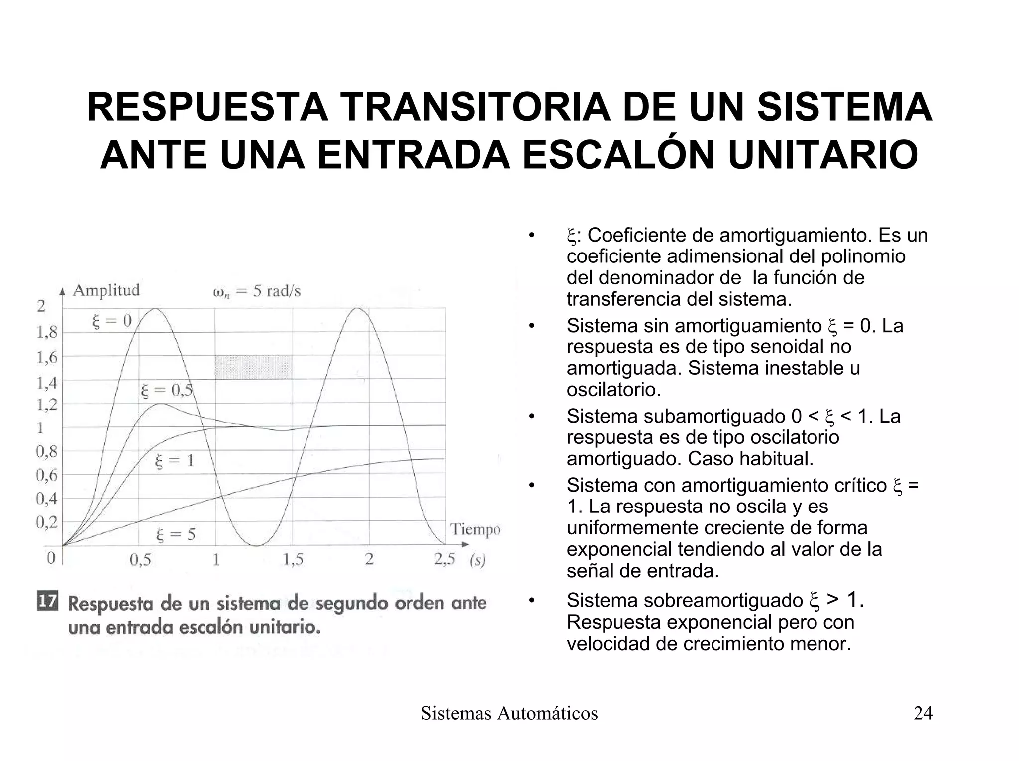 RESPUESTA TRANSITORIA DE UN SISTEMA
ANTE UNA ENTRADA ESCALÓN UNITARIO
• ξ: Coeficiente de amortiguamiento. Es un
coeficiente adimensional del polinomio
del denominador de la función de
transferencia del sistema.
• Sistema sin amortiguamiento ξ = 0. La
respuesta es de tipo senoidal no
amortiguada. Sistema inestable u
oscilatorio.
• Sistema subamortiguado 0 < ξ < 1. La
respuesta es de tipo oscilatorio
amortiguado. Caso habitual.
• Sistema con amortiguamiento crítico ξ =
1. La respuesta no oscila y es
uniformemente creciente de forma
exponencial tendiendo al valor de la
señal de entrada.
• Sistema sobreamortiguado ξ > 1.
Respuesta exponencial pero con
velocidad de crecimiento menor.
Sistemas Automáticos 24
 