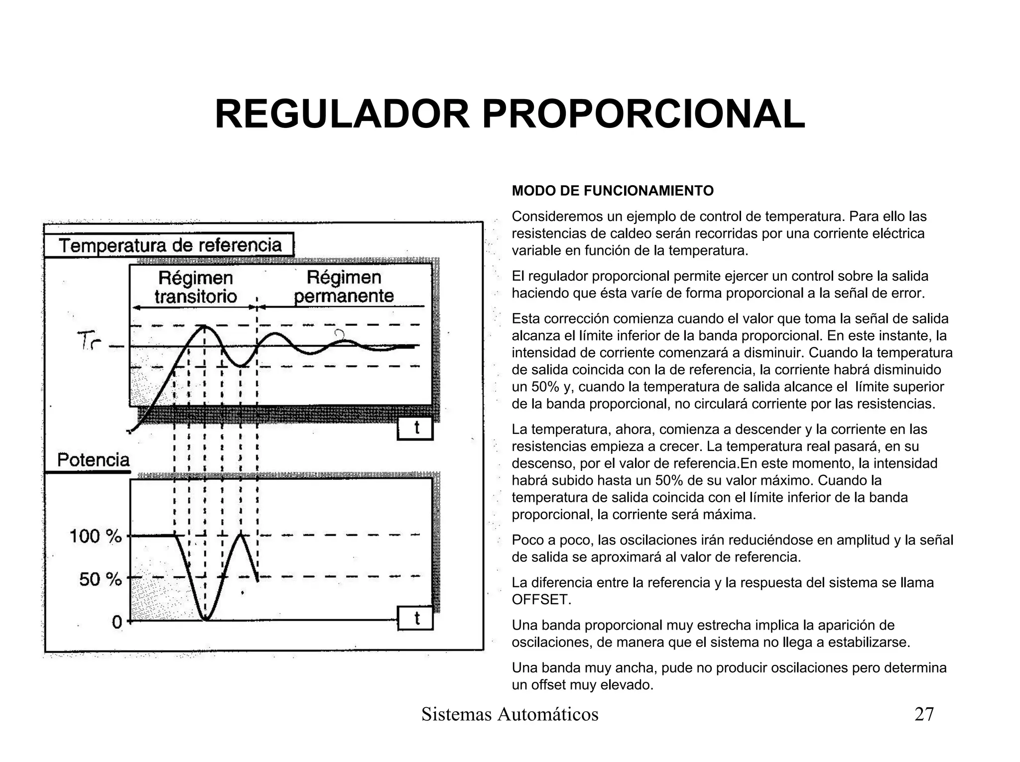 REGULADOR PROPORCIONAL
MODO DE FUNCIONAMIENTO
Consideremos un ejemplo de control de temperatura. Para ello las
resistencias de caldeo serán recorridas por una corriente eléctrica
variable en función de la temperatura.
El regulador proporcional permite ejercer un control sobre la salida
haciendo que ésta varíe de forma proporcional a la señal de error.
Esta corrección comienza cuando el valor que toma la señal de salida
alcanza el límite inferior de la banda proporcional. En este instante, la
intensidad de corriente comenzará a disminuir. Cuando la temperatura
de salida coincida con la de referencia, la corriente habrá disminuido
un 50% y, cuando la temperatura de salida alcance el límite superior
de la banda proporcional, no circulará corriente por las resistencias.
La temperatura, ahora, comienza a descender y la corriente en las
resistencias empieza a crecer. La temperatura real pasará, en su
descenso, por el valor de referencia.En este momento, la intensidad
habrá subido hasta un 50% de su valor máximo. Cuando la
temperatura de salida coincida con el límite inferior de la banda
proporcional, la corriente será máxima.
Poco a poco, las oscilaciones irán reduciéndose en amplitud y la señal
de salida se aproximará al valor de referencia.
La diferencia entre la referencia y la respuesta del sistema se llama
OFFSET.
Una banda proporcional muy estrecha implica la aparición de
oscilaciones, de manera que el sistema no llega a estabilizarse.
Una banda muy ancha, pude no producir oscilaciones pero determina
un offset muy elevado.
Sistemas Automáticos 27
 