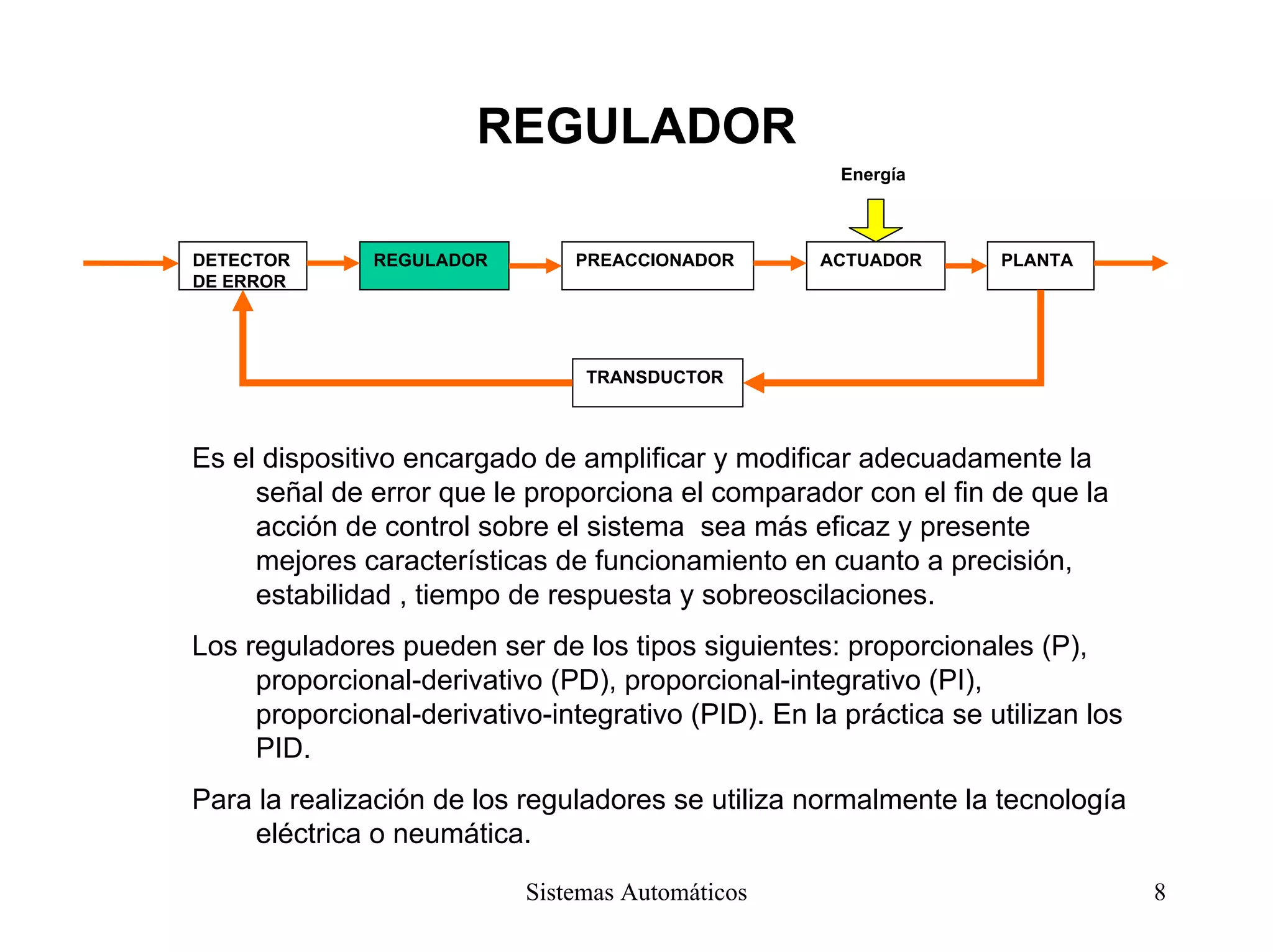 REGULADOR
Energía
PREACCIONADOR ACTUADOR PLANTAREGULADORDETECTOR
DE ERROR
TRANSDUCTOR
Es el dispositivo encargado de amplificar y modificar adecuadamente la
señal de error que le proporciona el comparador con el fin de que la
acción de control sobre el sistema sea más eficaz y presente
mejores características de funcionamiento en cuanto a precisión,
estabilidad , tiempo de respuesta y sobreoscilaciones.
Los reguladores pueden ser de los tipos siguientes: proporcionales (P),
proporcional-derivativo (PD), proporcional-integrativo (PI),
proporcional-derivativo-integrativo (PID). En la práctica se utilizan los
PID.
Para la realización de los reguladores se utiliza normalmente la tecnología
eléctrica o neumática.
Sistemas Automáticos 8
 