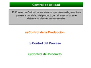 Control de calidad

El Control de Calidad es un sistema que desarrolla, mantiene
    y mejora la calidad del producto; en el insectario, este
              sistema se efectúa en tres niveles:




           a) Control de la Producción


              b) Control del Proceso


             c) Control del Producto
 