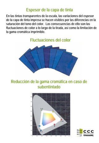 Espesor de la capa de tinta
En las tintas transparentes de la escala, las variaciones del espesor
de la capa de tinta impresa se hacen visibles por las diferencias en la
saturación del tono del color. Las consecuencias de ello son las
fluctuaciones de color a lo largo de la tirada, así como la limitación de
la gama cromática imprimible.
Fluctuaciones del color
Reducción de la gama cromática en caso de
subentintado
 