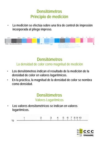 Densitómetros
Principio de medición
• La medición se efectúa sobre una tira de control de impresión
incorporada al pliego impreso.
• Los densitómetros indican el resultado de la medición de la
densidad de color en valores logarítmicos.
• En la práctica, la magnitud de la densidad de color se nombra
como densidad.
Densitómetros
La densidad de color como magnitud de medición
Densitómetros
Valores Logarítmicos
• Los valores densitométricos se indican en valores
logarítmicos.
 