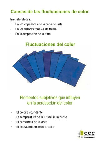 Irregularidades:
• En los espesores de la capa de tinta
• En los valores tonales de trama
• En la aceptación de la tinta
Causas de las fluctuaciones de color
Fluctuaciones del color
Elementos subjetivos que influyen
en la percepción del color
• El color circundante
• La temperatura de la luz del iluminante
• El cansancio de la vista
• El acostumbramiento al color
 