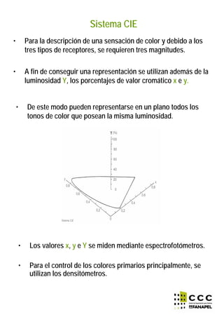 Sistema CIE
• Para la descripción de una sensación de color y debido a los
tres tipos de receptores, se requieren tres magnitudes.
• A fin de conseguir una representación se utilizan además de la
luminosidad Y, los porcentajes de valor cromático x e y.
• De este modo pueden representarse en un plano todos los
tonos de color que posean la misma luminosidad.
• Los valores x, y e Y se miden mediante espectrofotómetros.
• Para el control de los colores primarios principalmente, se
utilizan los densitómetros.
 