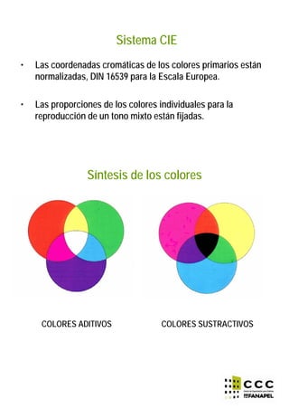 • Las coordenadas cromáticas de los colores primarios están
normalizadas, DIN 16539 para la Escala Europea.
• Las proporciones de los colores individuales para la
reproducción de un tono mixto están fijadas.
Sistema CIE
Síntesis de los colores
COLORES ADITIVOS COLORES SUSTRACTIVOS
 