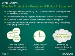 Web Control
Effective Productivity, Protection & Policy Enforcement
     Filtering of web resources by URL, content and data type regardless
     of workstation location
     Administrative control to grant permission, prohibit, or limit access
     Conducts audits of user access to certain website categories
     Granular and flexible rules with time-based access/deny scheduling
     on a group or user level

            Adult
            Sites
      Games
        &                                                 Kaspersky
     Gambling
                Social                                  Security Network
                Media


        Restrict specific       Create specific           Powered by
      sites, web pages or         rules and            Kaspersky Security
      complete categories         schedules                Network

PAGE 17
 