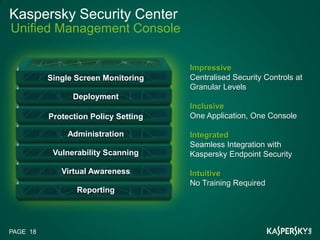 Kaspersky Security Center
Unified Management Console

                                      Impressive
          Single Screen Monitoring    Centralised Security Controls at
                                      Granular Levels
                Deployment
                                      Inclusive
          Protection Policy Setting   One Application, One Console

               Administration         Integrated
                                      Seamless Integration with
           Vulnerability Scanning     Kaspersky Endpoint Security

             Virtual Awareness        Intuitive
                                      No Training Required
                 Reporting




PAGE 18
 