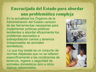 Encrucijada del Estado para abordar
una problemática compleja
En la actualidad los Órganos de la
Administración del Estado carecen
de las herramientas necesarias para
implementar políticas públicas
tendientes a abordar eficazmente los
problemas asociados a
sobrepoblación canina y tenencia
irresponsable de animales
domésticos.
Lo que hoy existe es un conjunto de
normas dispersas que no se refieren
específicamente a las condiciones de
tenencia, higiene y seguridad de
animales domésticos sino a otros
tópicos relacionados.
 