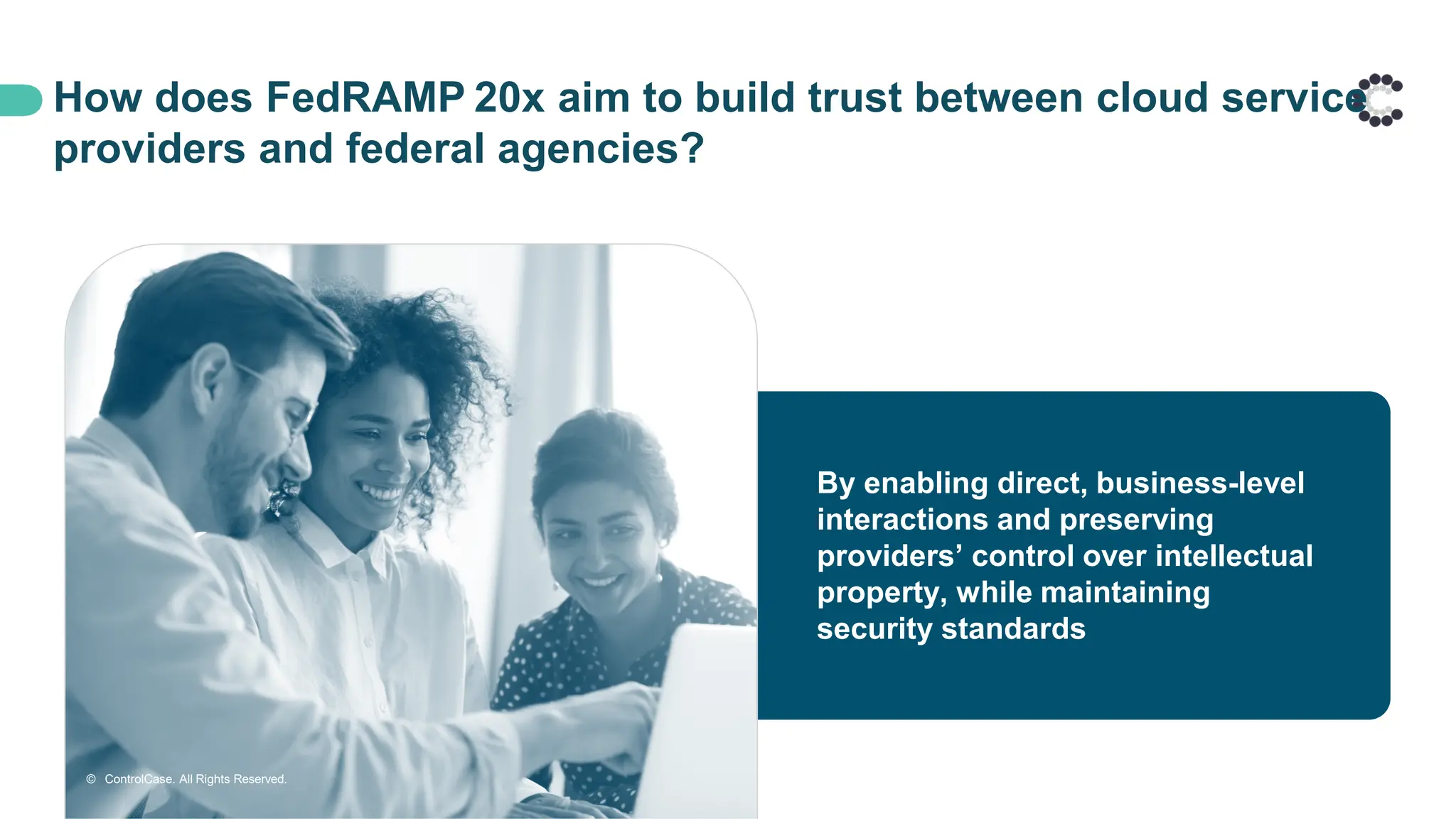 How does FedRAMP 20x aim to build trust between cloud service
providers and federal agencies?
By enabling direct, business-level
interactions and preserving
providers’ control over intellectual
property, while maintaining
security standards
© ControlCase. All Rights Reserved.
 