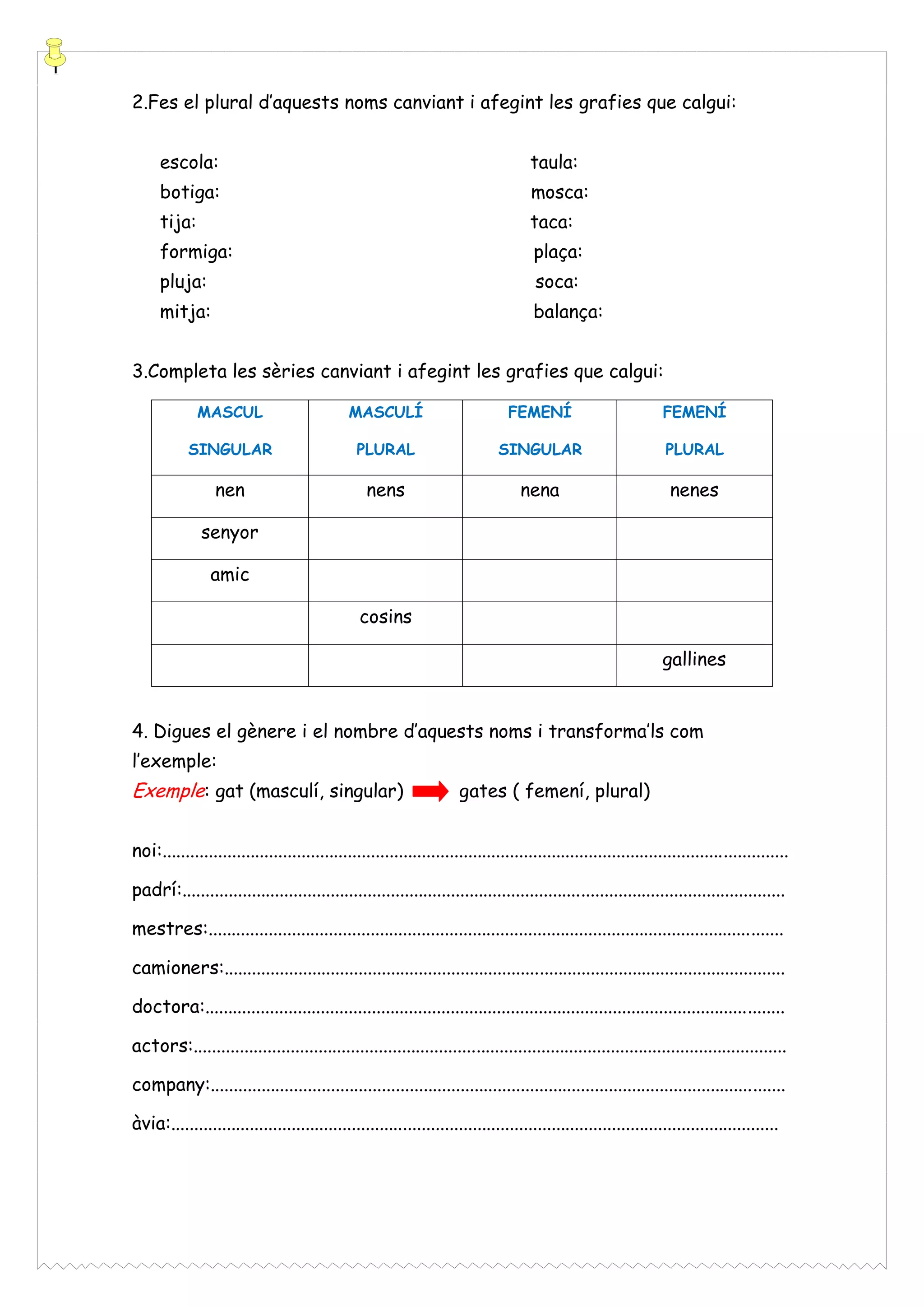 2.Fes el plural d’aquests noms canviant i afegint les grafies que calgui:
escola:

taula:

botiga:

mosca:

tija:

taca:

formiga:

plaça:

pluja:

soca:

mitja:

balança:

3.Completa les sèries canviant i afegint les grafies que calgui:
MASCUL

MASCULÍ

FEMENÍ

FEMENÍ

SINGULAR

PLURAL

SINGULAR

PLURAL

nen

nens

nena

nenes

senyor
amic
cosins
gallines
4. Digues el gènere i el nombre d’aquests noms i transforma’ls com
l’exemple:

Exemple: gat (masculí, singular)

gates ( femení, plural)

noi:.......................................................................................................................................
padrí:..................................................................................................................................
mestres:............................................................................................................................
camioners:.........................................................................................................................
doctora:.............................................................................................................................
actors:................................................................................................................................
company:............................................................................................................................
àvia:...................................................................................................................................

 