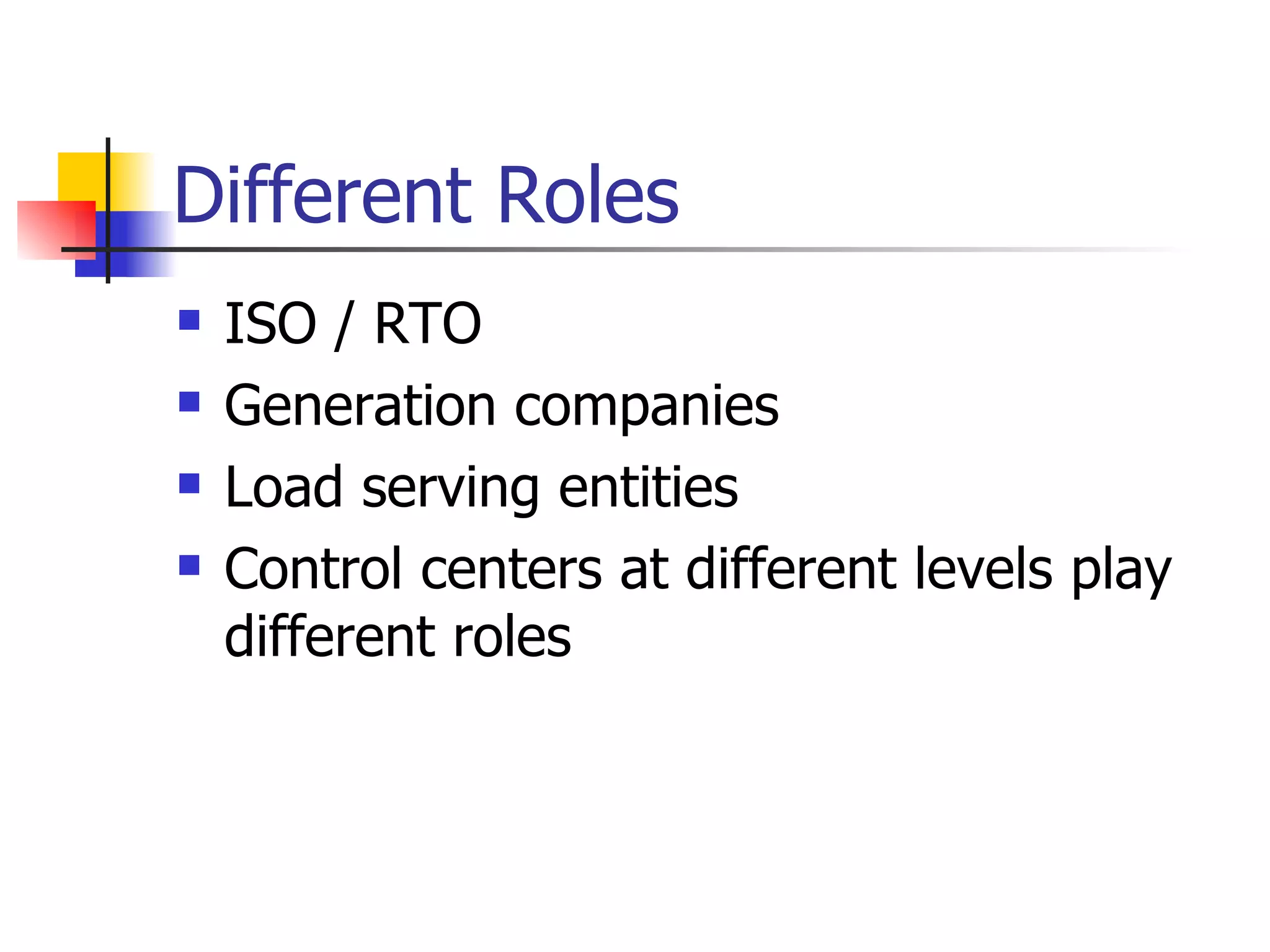 Different Roles ISO / RTO Generation companies Load serving entities  Control centers at different levels play different roles 