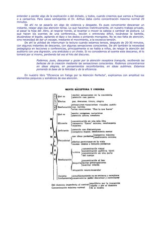 entender o perder algo de la explicación o del dictado, y todos, cuando creemos que vamos a fracasar
o a cansarnos. Para casos semejantes el Dr. Arthus daba como concentración máxima normal 20
minutos.
      De ahí no se pasaría sin algo de violencia y desgaste. Es pues conveniente descansar un
instante, relajar algo esa atención tensa. Lo que hacemos instintivamente, en nuestro trabajo privado,
al pasar la hoja del .libro, al respirar hondo, al levantar o mover la cabeza o cambiar de postura. Lo
que hacen los oyentes de una conferencia,, lección c entrevista difícil, tocándose la barbilla,
atusándose el bigote, agitando el lápiz o los dedos o pintando monigotes. No es eso falta de atención,
sino necesidad de dar un escape, mediante el movimiento, a la excesiva tensión.
      De ahí la utilidad de interrumpir la lectura cuando estamos tensos, después de 20-30 minutos,
con algunos instantes de descanso, con algunas sensaciones conscientes. De ahí también la necesidad
pedagógica en lecciones o conferencias, principalmente si se habla a niños, de relajar la atención del
auditorio con una digresión, una anécdota o un chiste. Si no concedemos al oyente este descanso, él lo
tomará por sí mismo, perdiendo tal vez el hilo del discurso.

               Podemos, pues, descansar y gozar por la atención receptora tranquila, recibiendo las
               bellezas de la creación mediante las sensaciones conscientes. Podemos concentrarnos
               en ideas alegres, en pensamientos reconfortantes, en ideas sublimes. Estamos
               poniendo la base de la felicidad y de la eficiencia.

     En nuestro libro "Eficiencia sin Fatiga por la Atención Perfecta", explicamos con amplitud los
elementos psíquicos y somáticos de esa atención.
 