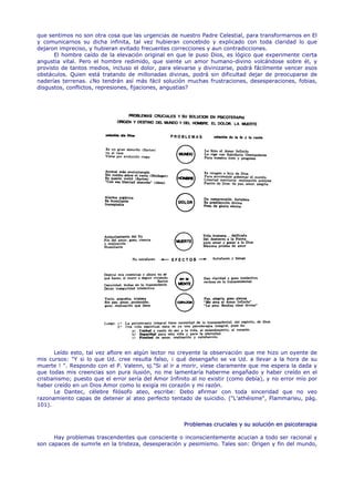 que sentimos no son otra cosa que las urgencias de nuestro Padre Celestial, para transformarnos en El
y comunicarnos su dicha infinita, tal vez hubieran concebido y explicado con toda claridad lo que
dejaron impreciso, y hubieran evitado frecuentes correcciones y aun contradicciones.
      El hombre caído de la elevación original en que le puso Dios, es lógico que experimente cierta
angustia vital. Pero el hombre redimido, que siente un amor humano-divino volcándose sobre él, y
provisto de tantos medios, incluso el dolor, para elevarse y divinizarse, podrá fácilmente vencer esos
obstáculos. Quien está tratando de millonadas divinas, podrá sin dificultad dejar de preocuparse de
naderías terrenas. ¿No tendrán así más fácil solución muchas frustraciones, desesperaciones, fobias,
disgustos, conflictos, represiones, fijaciones, angustias?




       Leído esto, tal vez aflore en algún lector no creyente la observación que me hizo un oyente de
mis cursos: "Y si lo que Ud. cree resulta falso, ¡ qué desengaño se va Ud. a llevar a la hora de su
muerte ! ". Respondo con el P. Valenn, sj."Si al ir a morir, viese claramente que me espera la dada y
que todas mis creencias son pura ilusión, no me lamentaría haberme engañado y haber creído en el
cristianismo; puesto que el error sería del Amor Infinito al no existir (como debía), y no error mío por
haber creído en un Dios Amor como lo exigía mi corazón y mi razón.
       Le Dantec, célebre filósofo ateo, escribe: Debo afirmar con toda sinceridad que no veo
razonamiento capas de detener al ateo perfecto tentado de suicidio. ("L'athéisme", Flammarieu, pág.
101).


                                                      Problemas cruciales y su solución en psicoterapia

      Hay problemas trascendentes que consciente o inconscientemente acucian a todo ser racional y
son capaces de sumirle en la tristeza, desesperación y pesimismo. Tales son: Origen y fin del mundo,
 