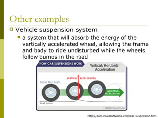 Other examples


Vehicle suspension system


a system that will absorb the energy of the
vertically accelerated wheel, allowing the frame
and body to ride undisturbed while the wheels
follow bumps in the road

http://auto.howstuffworks.com/car-suspension.htm

 