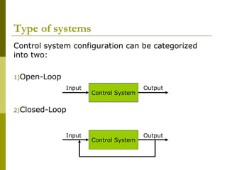 Type of systems
Control system configuration can be categorized
into two:
1)Open-Loop
Input

Control System

Output

2)Closed-Loop

Input

Control System

Output

 