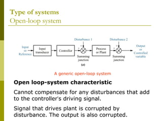 Type of systems
Open-loop system

A generic open-loop system

Open loop-system characteristic
Cannot compensate for any disturbances that add
to the controller’s driving signal.
Signal that drives plant is corrupted by
disturbance. The output is also corrupted.

 