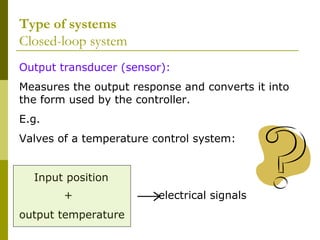 Type of systems
Closed-loop system
Output transducer (sensor):
Measures the output response and converts it into
the form used by the controller.
E.g.
Valves of a temperature control system:
Input position
+
output temperature

→electrical signals

 