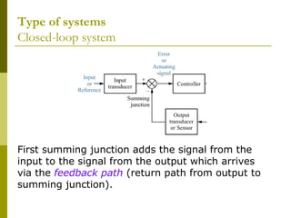 Type of systems
Closed-loop system

First summing junction adds the signal from the
input to the signal from the output which arrives
via the feedback path (return path from output to
summing junction).

 