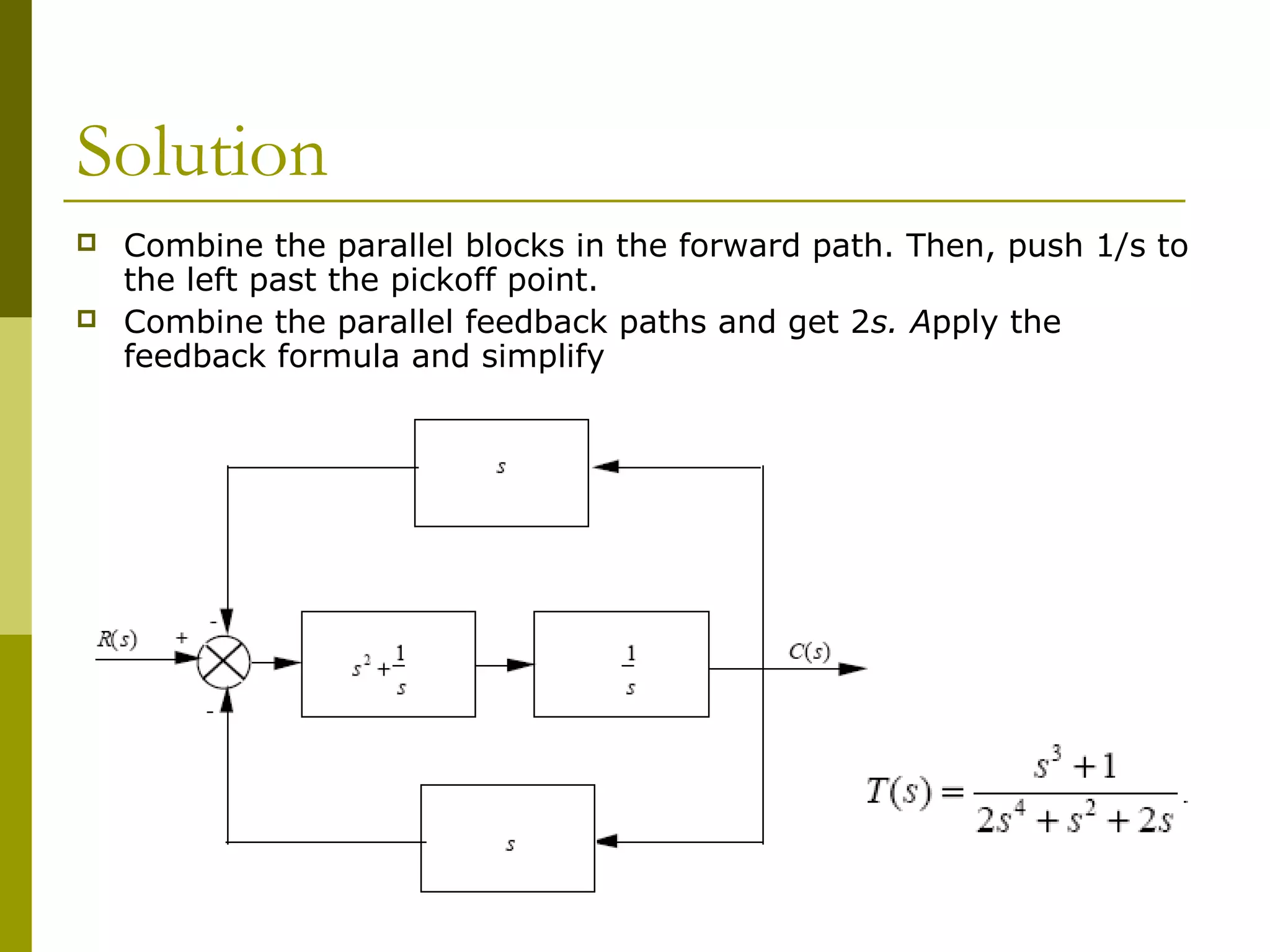 Solution
 Combine the parallel blocks in the forward path. Then, push 1/s to
the left past the pickoff point.
 Combine the parallel feedback paths and get 2s. Apply the
feedback formula and simplify
 