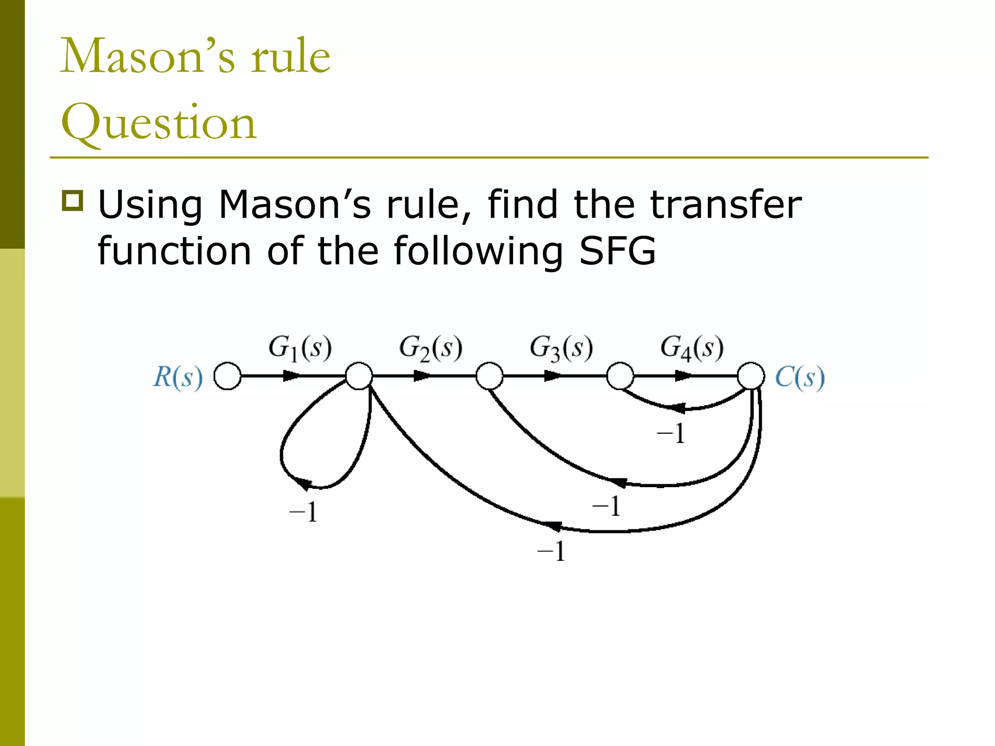 Mason’s rule
Question
 Using Mason’s rule, find the transfer
function of the following SFG
 