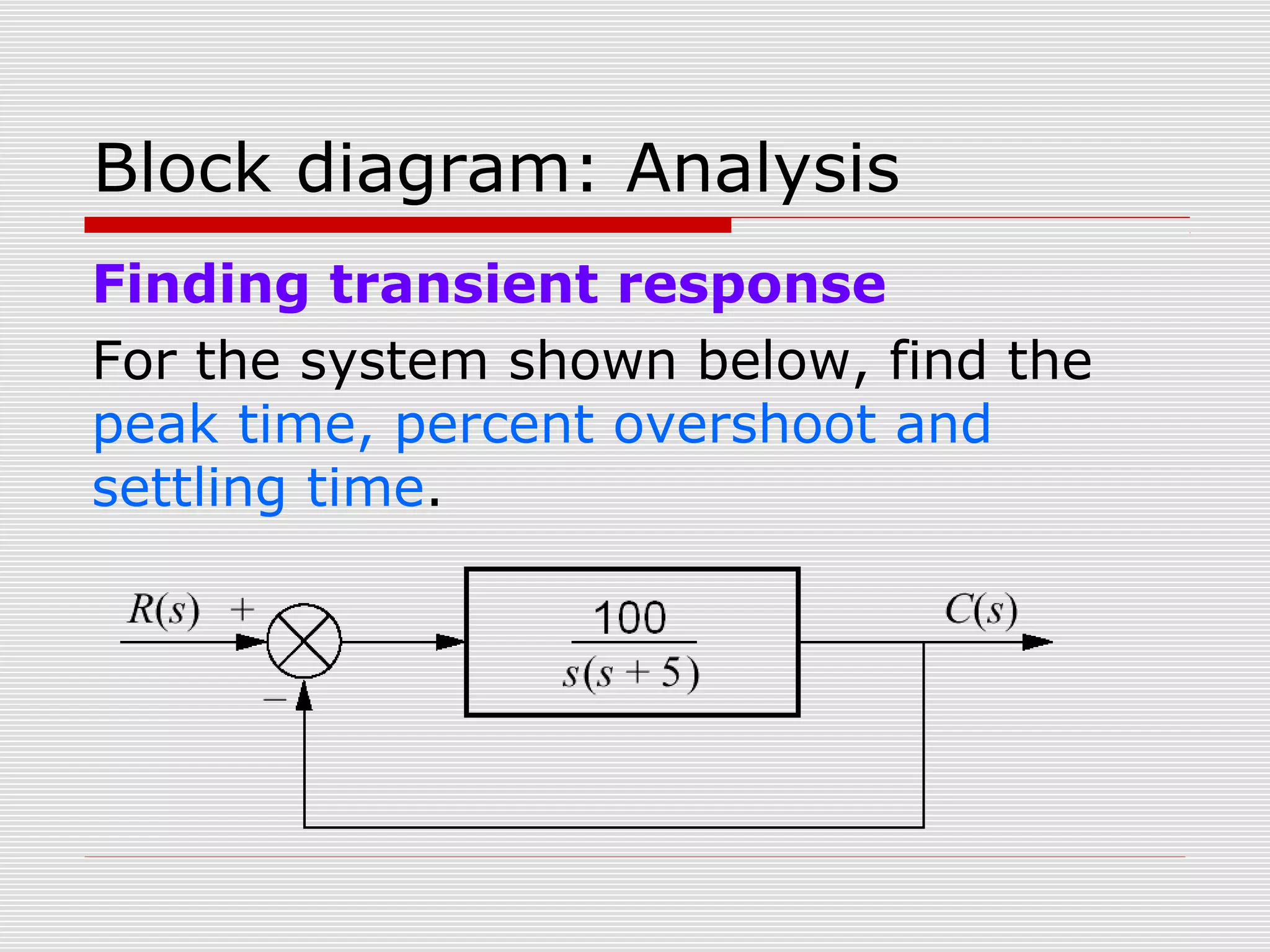 Block diagram: Analysis
Finding transient response
For the system shown below, find the
peak time, percent overshoot and
settling time.

 